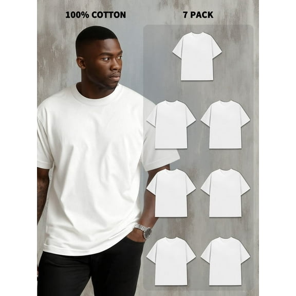 7-Pack Men's 100% Cotton Short Sleeve Crew Neck Tees - 180g, Shrink-Resistant, Cost-Effective, White