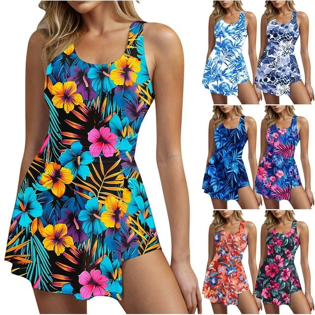 VBTAPA Robe de Bain une Pièce pour Femmes Maillot de Bain Contrôle du Ventre Maillot de Bain Robe de Bain Jupe Fendue avec Culotte Maillot de Bain Ventes à Durée Limitée Multicolore P