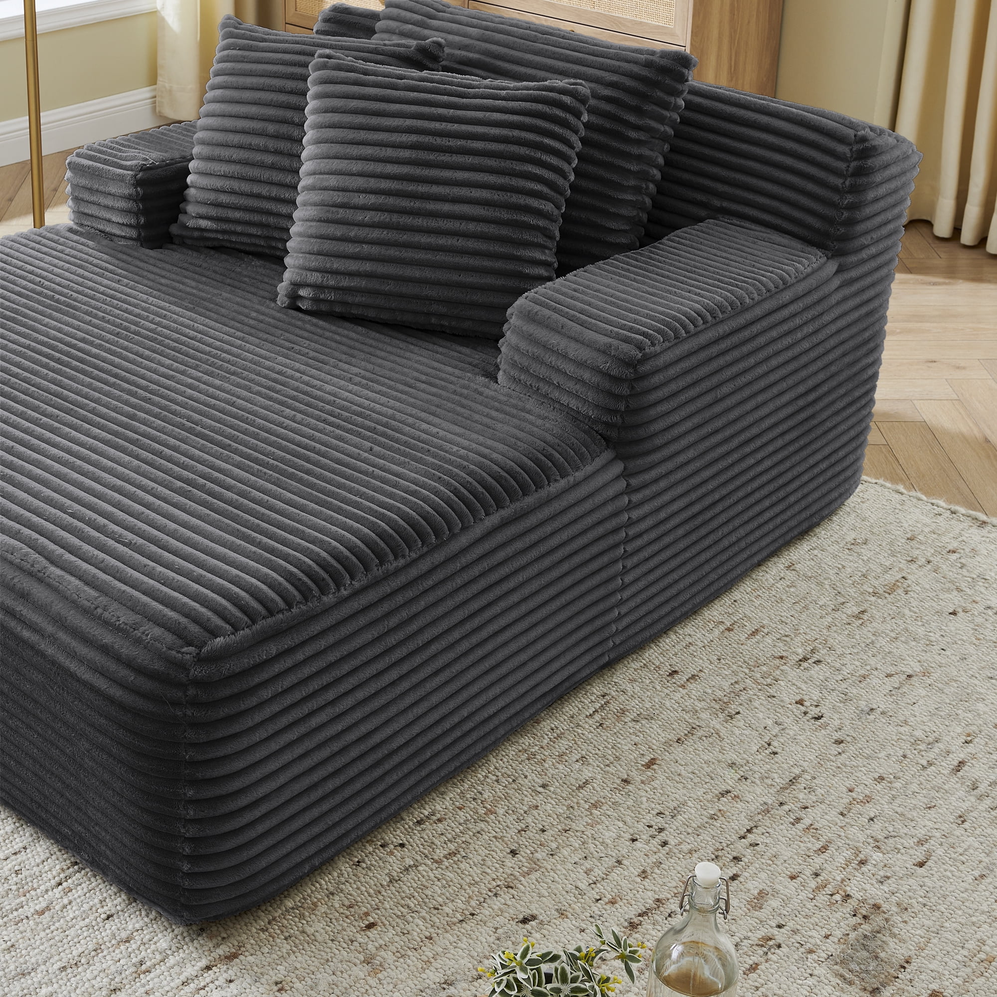 65"Oversized Chaise Lounge Chair Indoor, Cloud-Plush Corduroy Upholstered Sofa Bed with Pillows, Modern Deep Seat Cozy Sleeper Couch for Living Room, No Assembly Required, Deep Gray