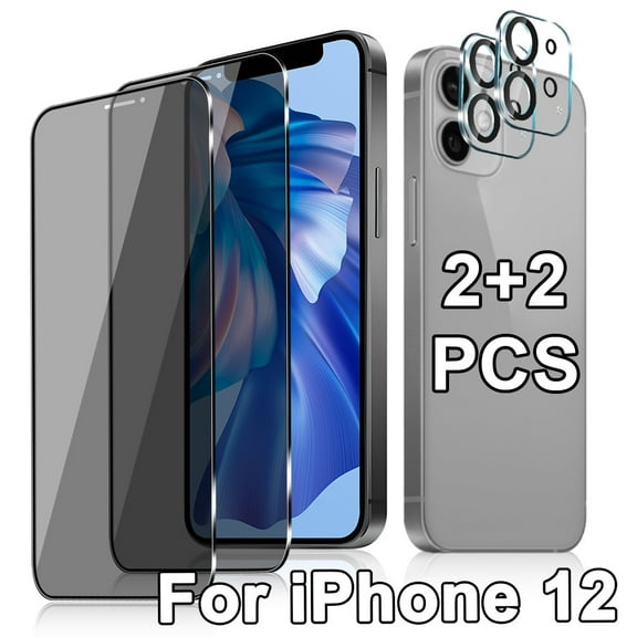 2 2-piece set suitable for iPhone 12 2-piece privacy tempered glass screen protector 2-piece camera lens film, scratch resistant, anti spy, bubble free, easy to install