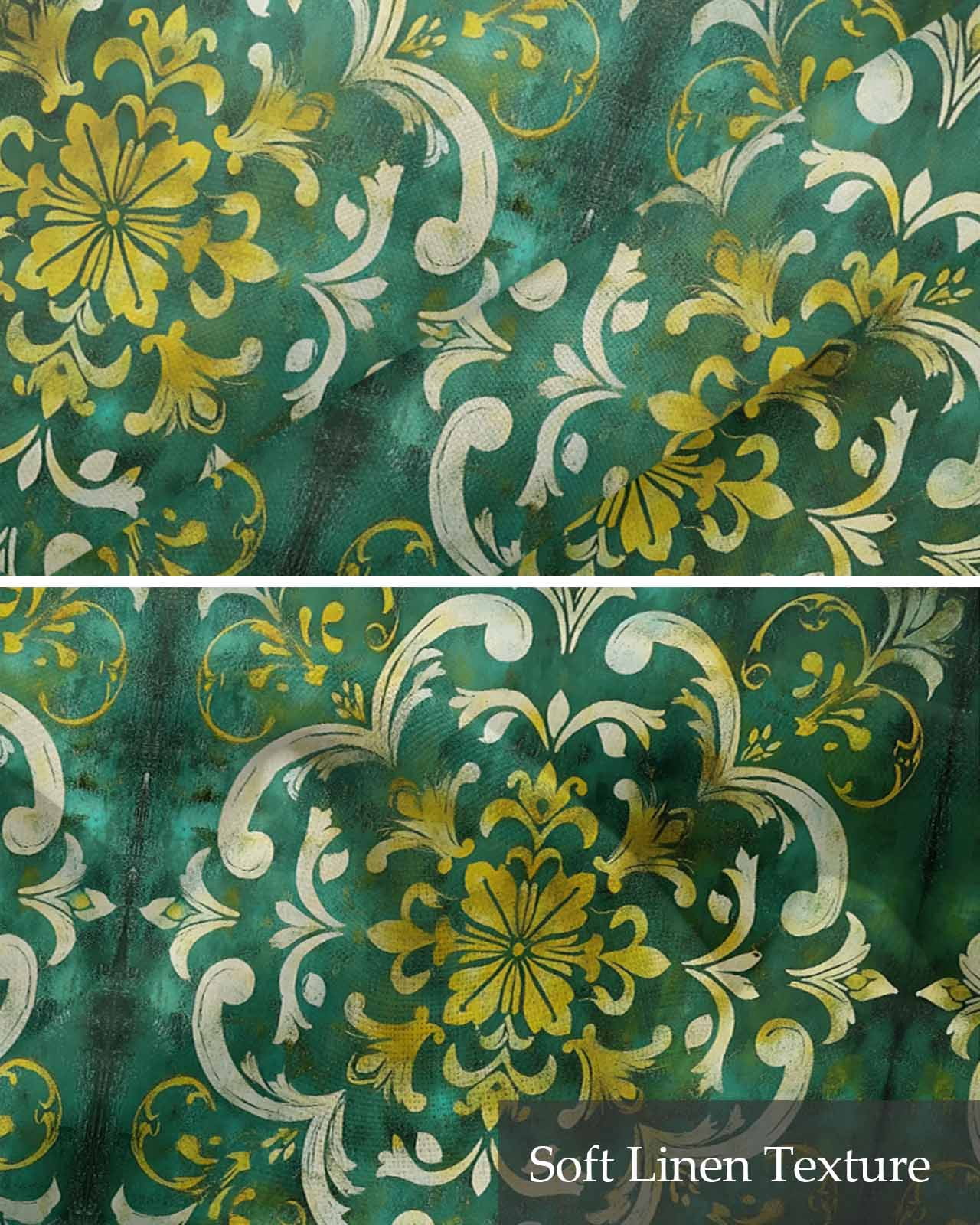 Green Yellow Flower Ethnic Kitchen Valances for Windows Farmhouse Linen Window Valance Curtain for Living Room Window Treatment Boho Vintage Abstract Valance Rod Pocket Topper Drape, 54 x 18 Inch