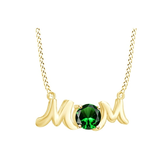 AFFY Mother's Day Jewelry Gifts Round Shape Simulated Emerald Mom Pendant Necklace In 14k Yellow Gold Over Sterling Silver