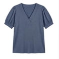thumbnail image 4 of Ayolanni Collarless Basic Tees for Women V-Neck Patchwork Solid Short Sleeve Blouse Dressy Puff Oversized Outdoor Tees Summer Tops for Women 2026 Blue M, 4 of 7