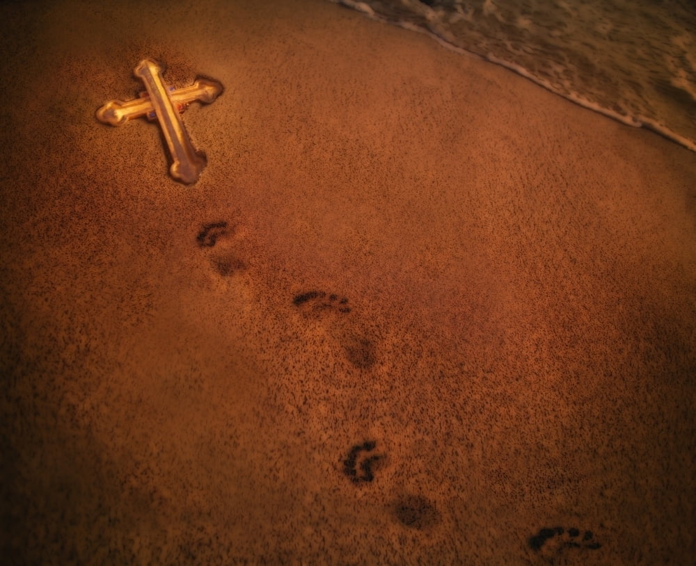 Footprints In The Sand And A Cross Poster Print by Darren Greenwood