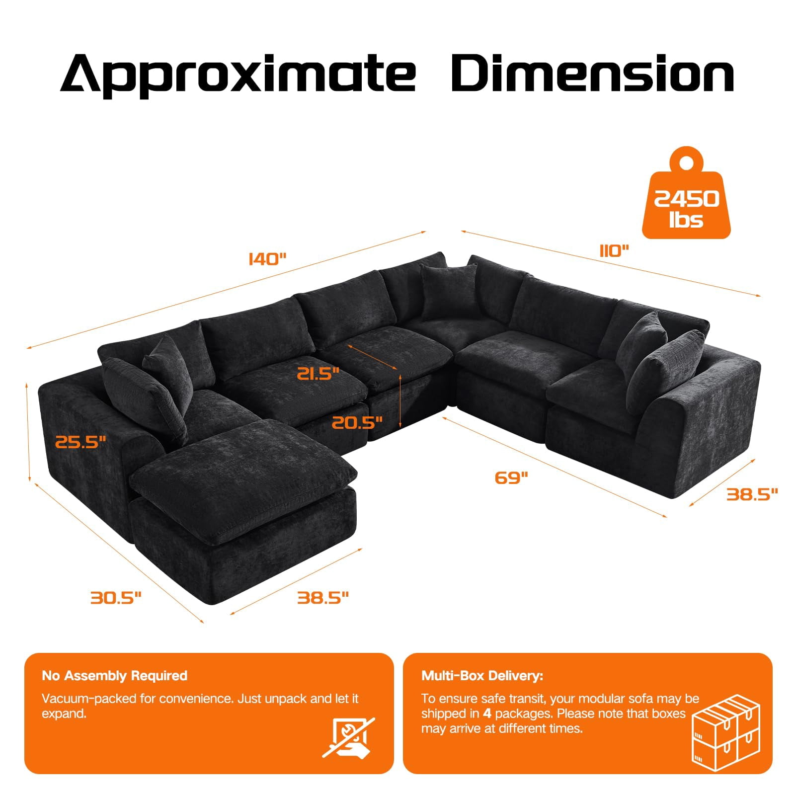 140" Modular 7 Seater Boneless Sofa Sectional Cloud Couches Sofa with Ottoman,No Assembly Required