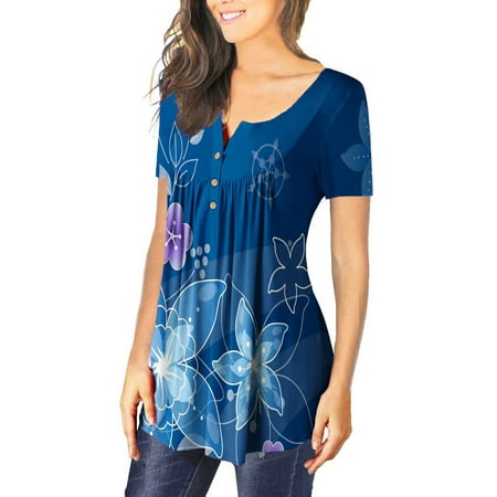 

Simplmasygenix Women Tops Summer Clearance Women Fashion V- Neck Floral Printed Tunic Tops Buttons Short Sleeve T-shirt