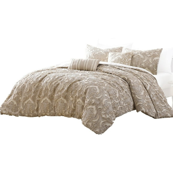 Kile Modern 6 Piece Queen Size Duvet Comforter Set - Beige Medallion Pattern