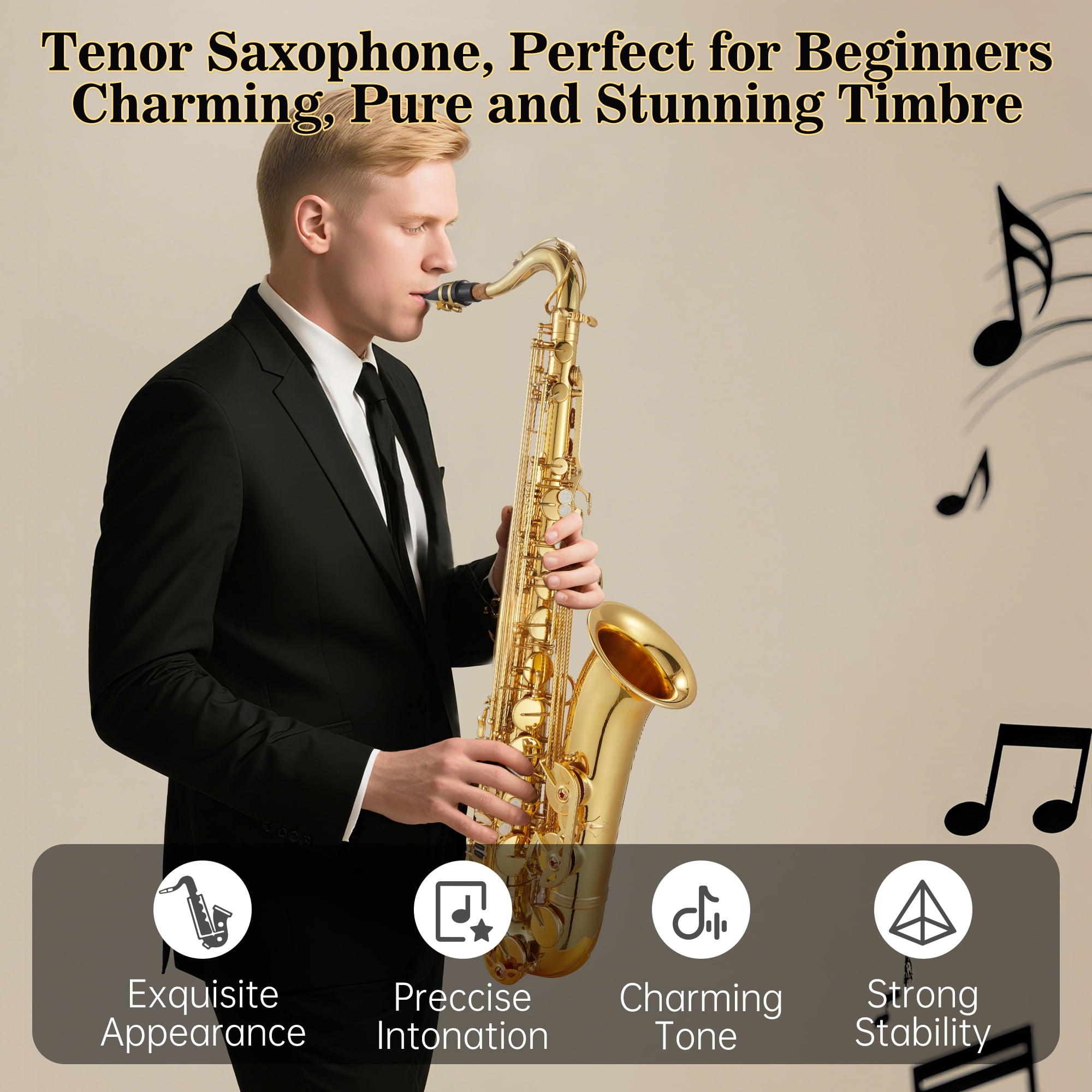 CazToi Brass Bb Tenor Saxophone with Complete Starter Kit Professional Sound for Beginners & Performers