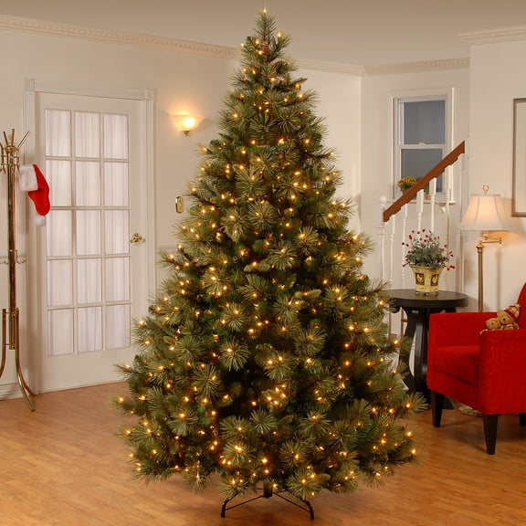 7.5 ft. Pre-Lit Artificial Carolina Pine Christmas Tree, Green, Clear Lights, Includes Stand