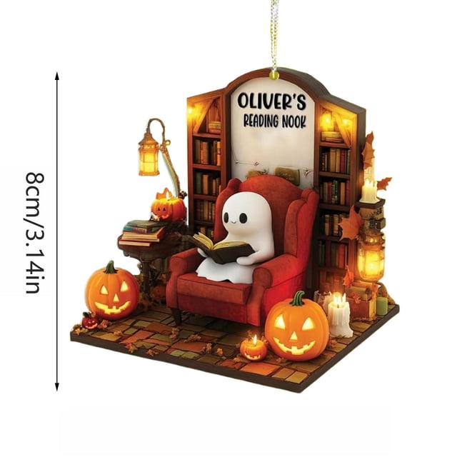 Hanging Ghost Halloween Decoration With Spooky Reading Scene Lanterns And Black Cat Motifs For Home Holiday Decor