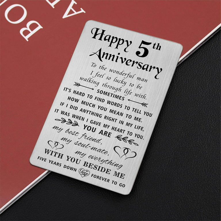 YODOCAMP 5 Year Anniversary Card Gifts for Him Husband, Happy 5th Fifth Wedding Anniversary Cards Gift for Men, Engraved Metal Wallet Insert, Five