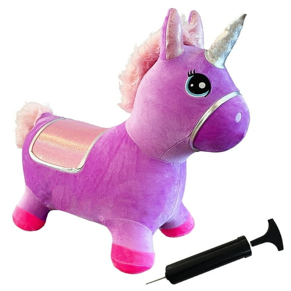 Plush Purple and Pink Unicorn Bounce & Ride-on Inflatable Hopper Toddler Toy with Pump