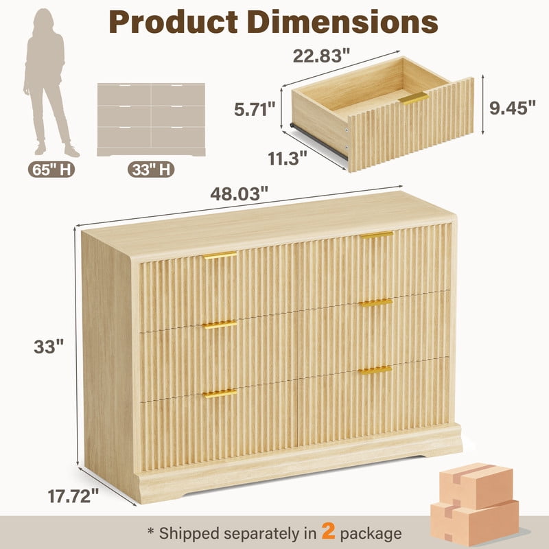 Lacoo 6 Drawer Fluted Dresser, Modern Ribbed Chest of Drawers with Gold Handles, Large Storage Dresser TV Stand for 50" TV