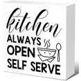 thumbnail image 1 of Rustic Kitchen Always Open Self Serve Kitchen Sign Decor Funny Kitchen Wood Block Signs Farmhouse Kitchen Wooden Box Sin Decor For Home Kitchen Shelf Counter Desk Table Decor Gift For Women 5x5 Inch, 1 of 7