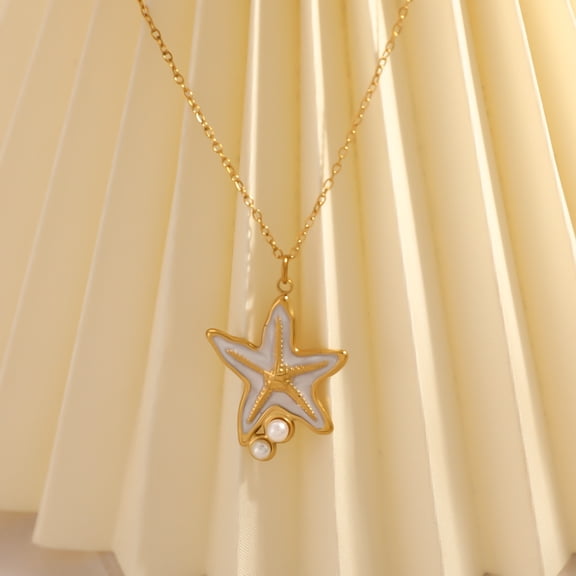 NICKSUN 18K Gold-Plated Stainless Steel Starfish with Embedded Imitation Pearl Pendant Necklace - Waterproof Nautical Fashion Jewelry for Women
