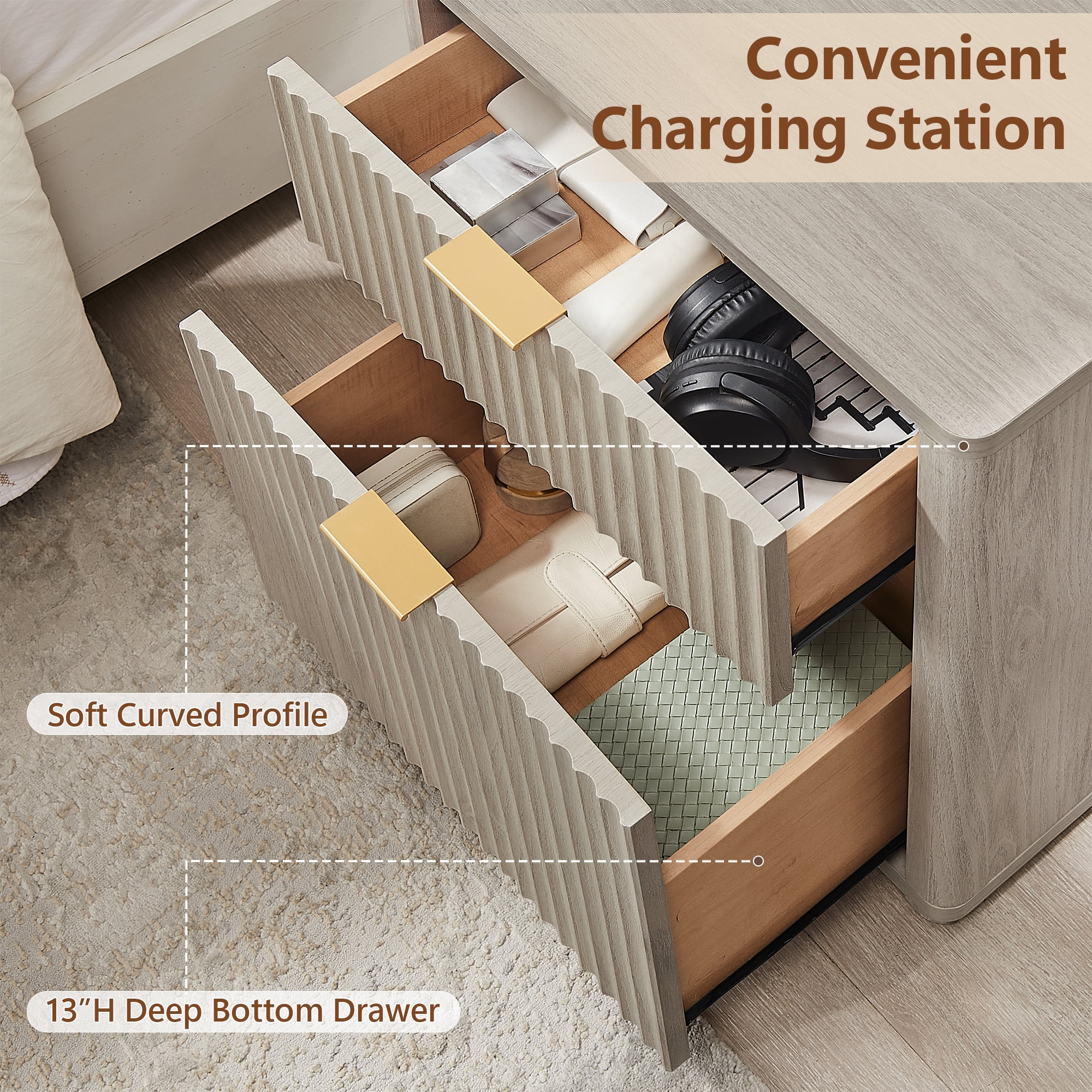 KeyWhat 23" Fluted 2-Drawer Nightstands Set of 2 with Charging Station & Curved Edges
