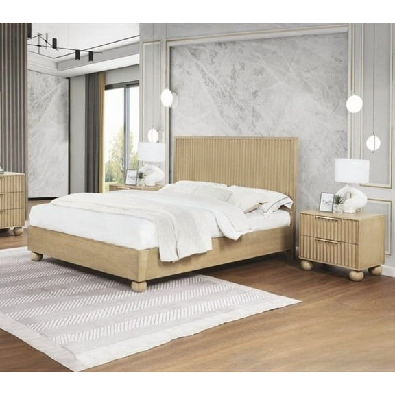 Contemporary 2Pc Bedroom Set, Wooden California King Platform Bed with Fluted Panels and 1pc Nightstand, Light Oak