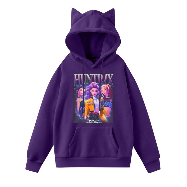 Pop cazadora para niña Demo-n Hunters Women's Fashion Hooded Sweatshirt Cat Ear Pullover Casual Streetwear Soft Comfortable Long Sleeve Tops for Daily Wear Spring Fall Winter (Dark Purple)