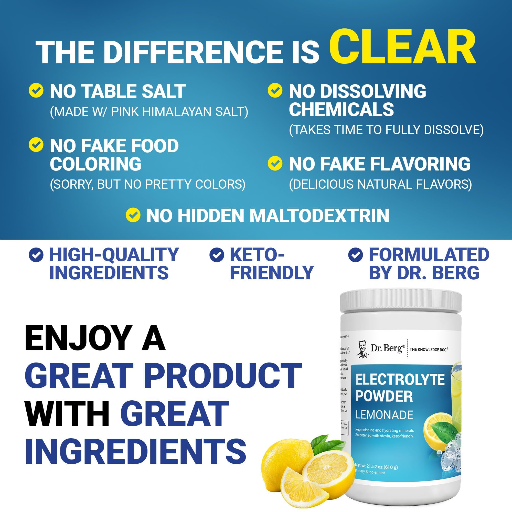 Dr. Berg Electrolyte Powder Lemonade - Hydration Powder, 100 Servings