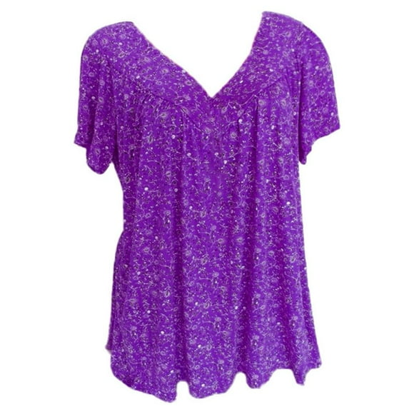 Women's Casual Boho Floral Printed V Neck Tunic Tops Plus Size Short Sleeve Pleated T Shirt Blouses S-5XL