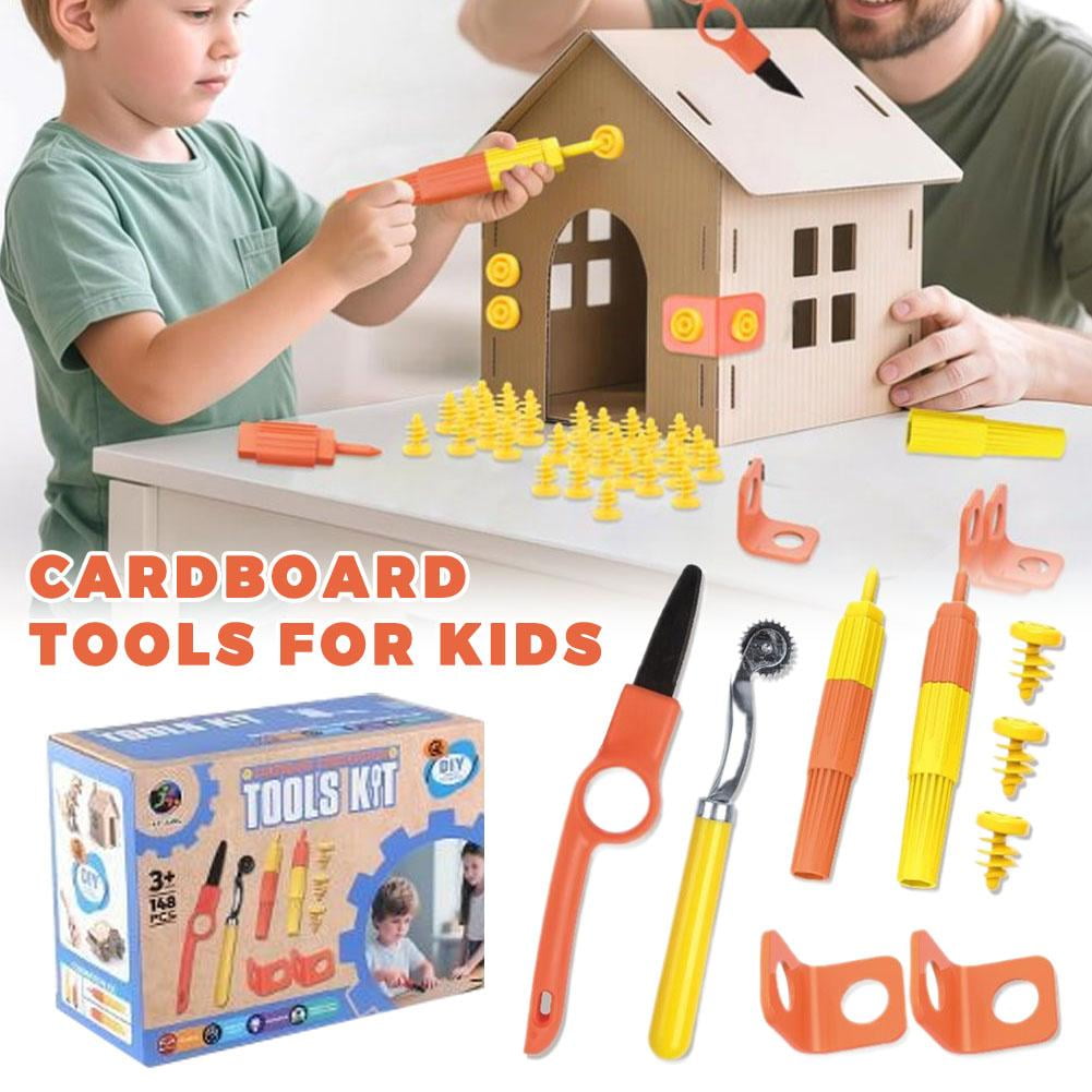 150-Piece Cardboard Construction Kit with Reusable Plastic Screws, Safe DIY Box Tools for Kids, Creative Building and Crafting Set