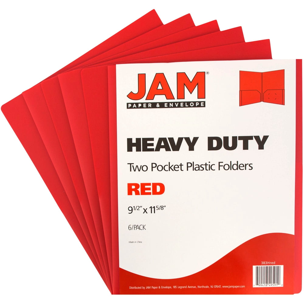 JAM Paper Heavy Duty Plastic Two Pocket Presentation Folders, Red, 6 Pack
