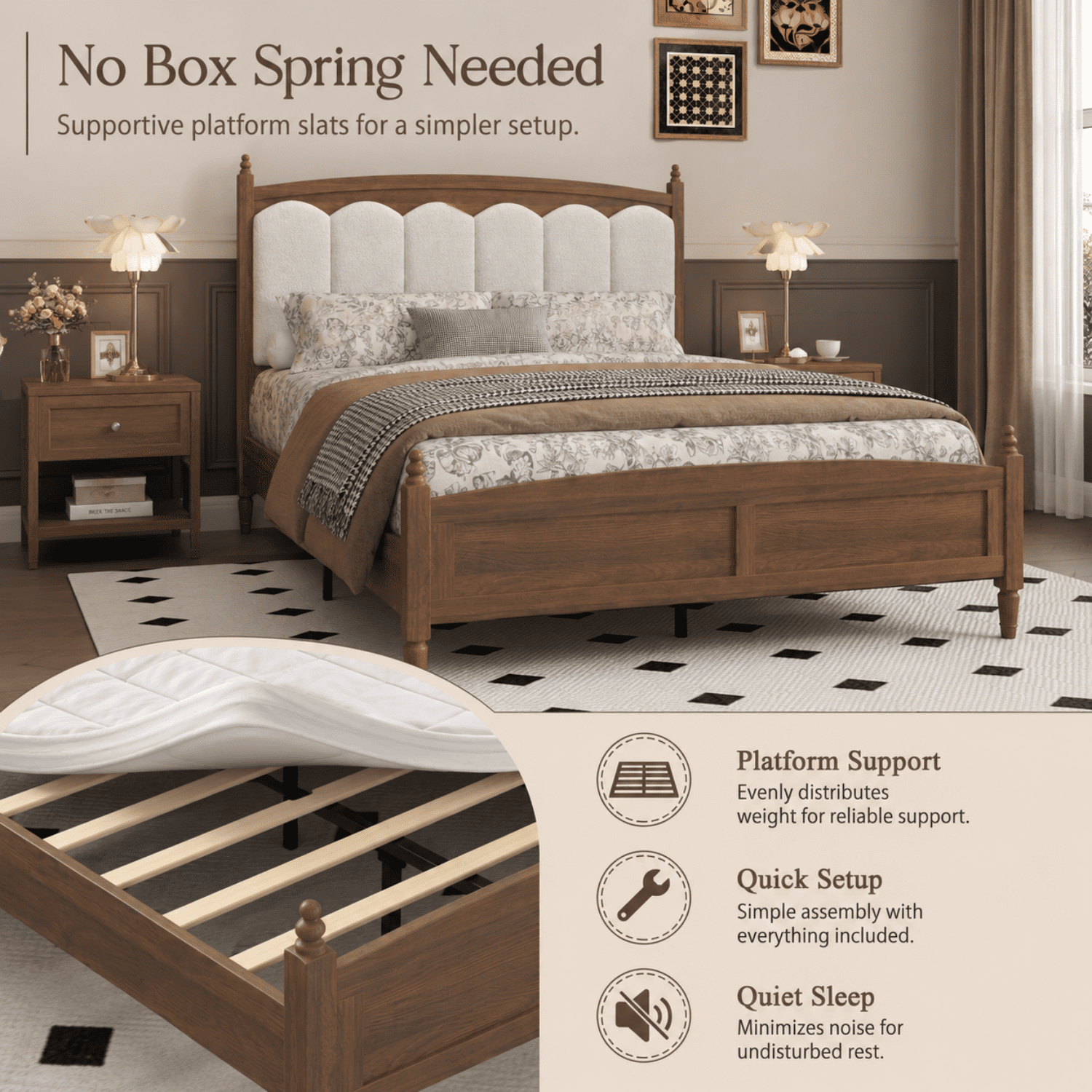 Miniyam Queen Size Farmhouse Engineered Wood Platform Bed Frame with Upholstered Headboard, Brown
