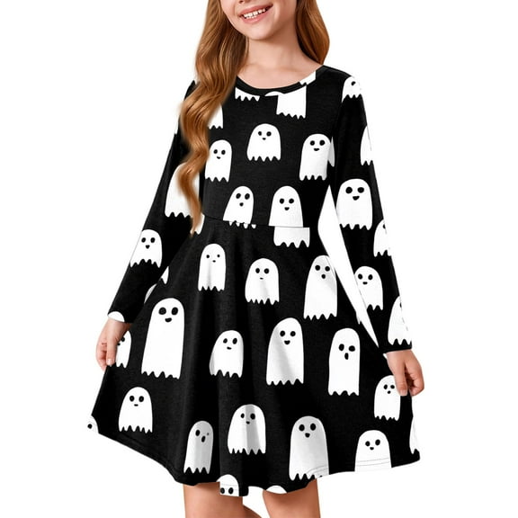 Abcomgle Halloween Dresses for Girls 7-8 Spooky Boo Ghost Graphic T Shirt Dresses for Girls Cute A-Line Long Sleeve Dresses for Girls Crewneck Holiday Swing Dress Outfits,3-4 Years