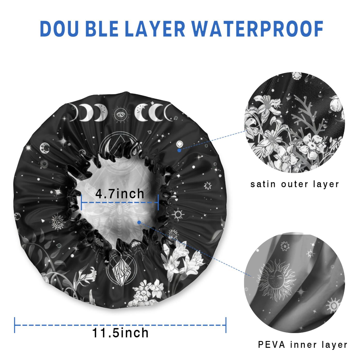 Shower Caps,Black Gothic Sun Moon Flower Pattern Waterproof Shower Cap for Women 4 Pieces,Double Reusable Hair Cover for Shower PEVA Elastic Stretch Hem