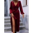 thumbnail image 4 of Robe en Velours à Manches Longues pour Femmes Col en V Vacances Cocktail Fête Semi-Formelle Midi Robes Rouge Vin G, 4 of 9