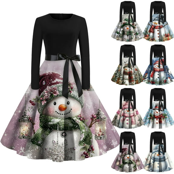 Christmas Print Flare Dress for Women Long Sleeve Dress with Round Neck, Festive Fall and Winter Dress for Parties and Daily Use, Comfortable Fit,Blue,L