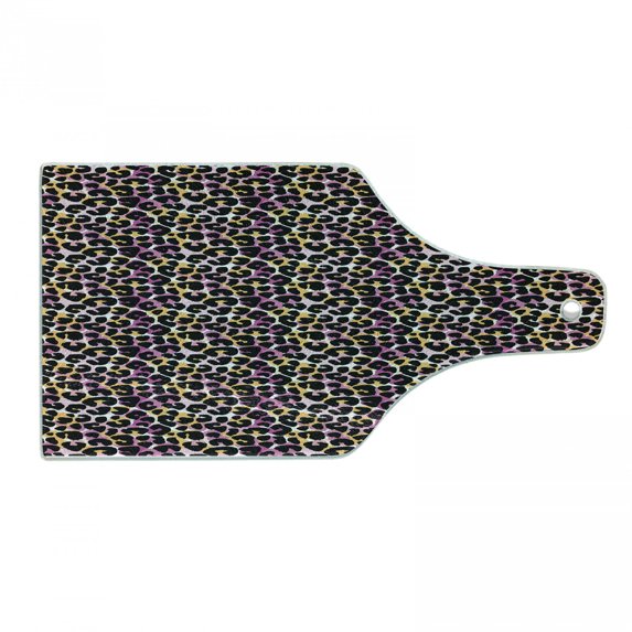 Leopard Print Cutting Board, Abstract Wild Exotic Animal Skin Pattern in Style with Vibrant Color, Decorative Tempered Glass Cutting and Serving Board, Wine Bottle Shape, Multicolor, by Ambesonne