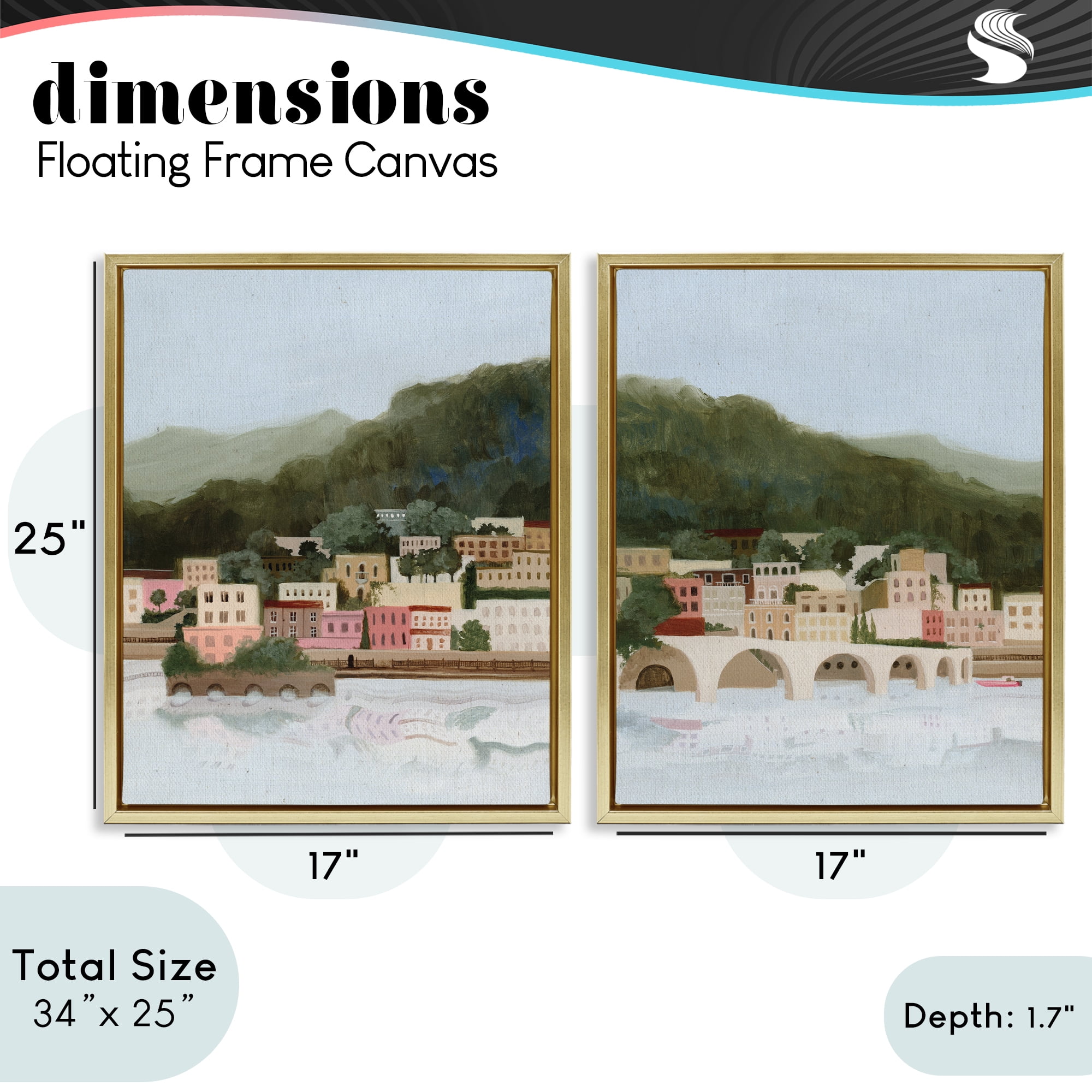 Stupell Industries Mountain Town by Sea 2 Piece Gold Framed Floater Canvas Set, design by Grace Popp