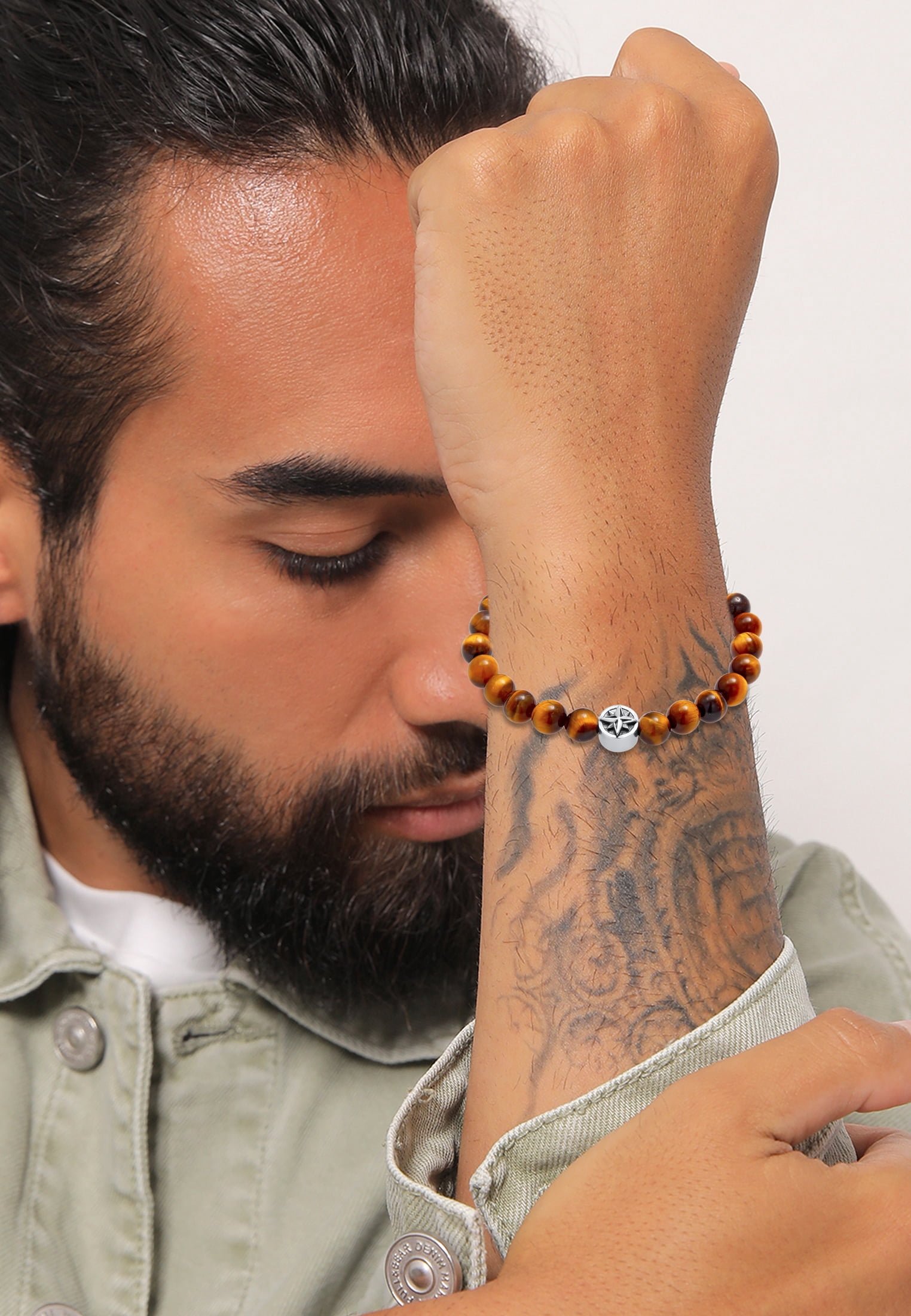 KUZZOI Men Round Tigereye Stone Bracelet with Compass Bead 7.48-9.05 inch