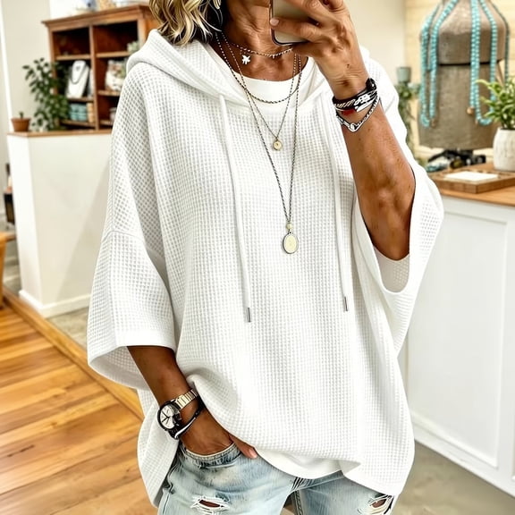 Stralyhd Oversized Hoodies for Women Waffle Knit Casual 3/4 Sleeve Drawstring Pullover Sweatshirt Loose Fit Hooded Tops Versatile Daily Basic Wardrobe Staple White XL