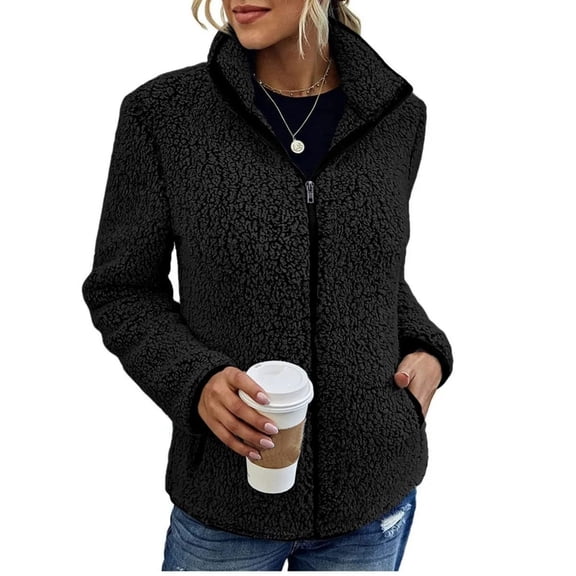 Yokua Women's Winter Fleece Jacket Plush Faux Fur Zipper Long Sleeve Stand Collar Coat with Pockets