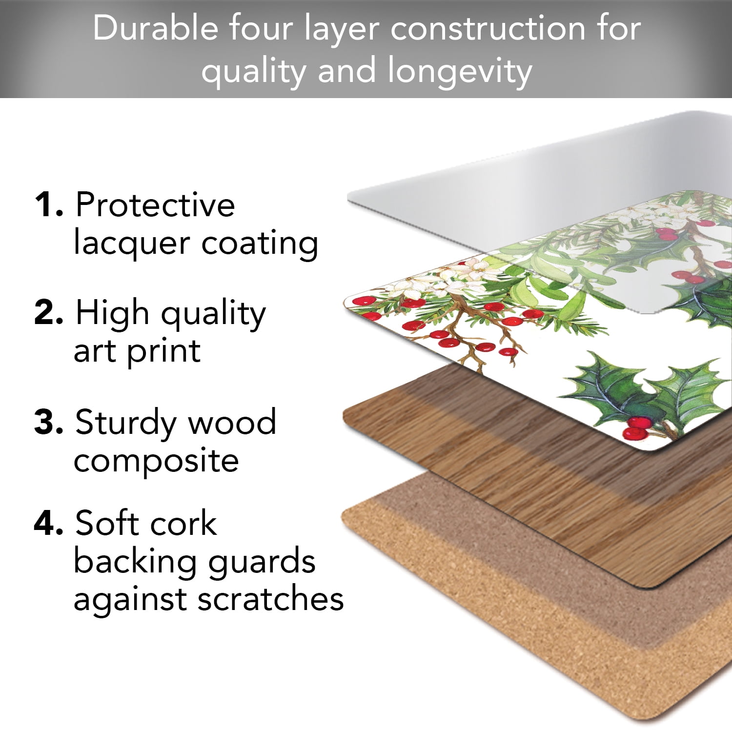 Cala Home "Balsam & Berries" Premium Decorative Hardboard Cork Back Tabletop Placemats 4 Pack