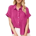 thumbnail image 2 of Polyester Short Sleeve Loose Fit Dress Shirts for Women Pink Workwear Solid Color Lapel Work Summer New Ladies Blouses Cotton And Rolled Button Shirt Tee 5XL, 2 of 5