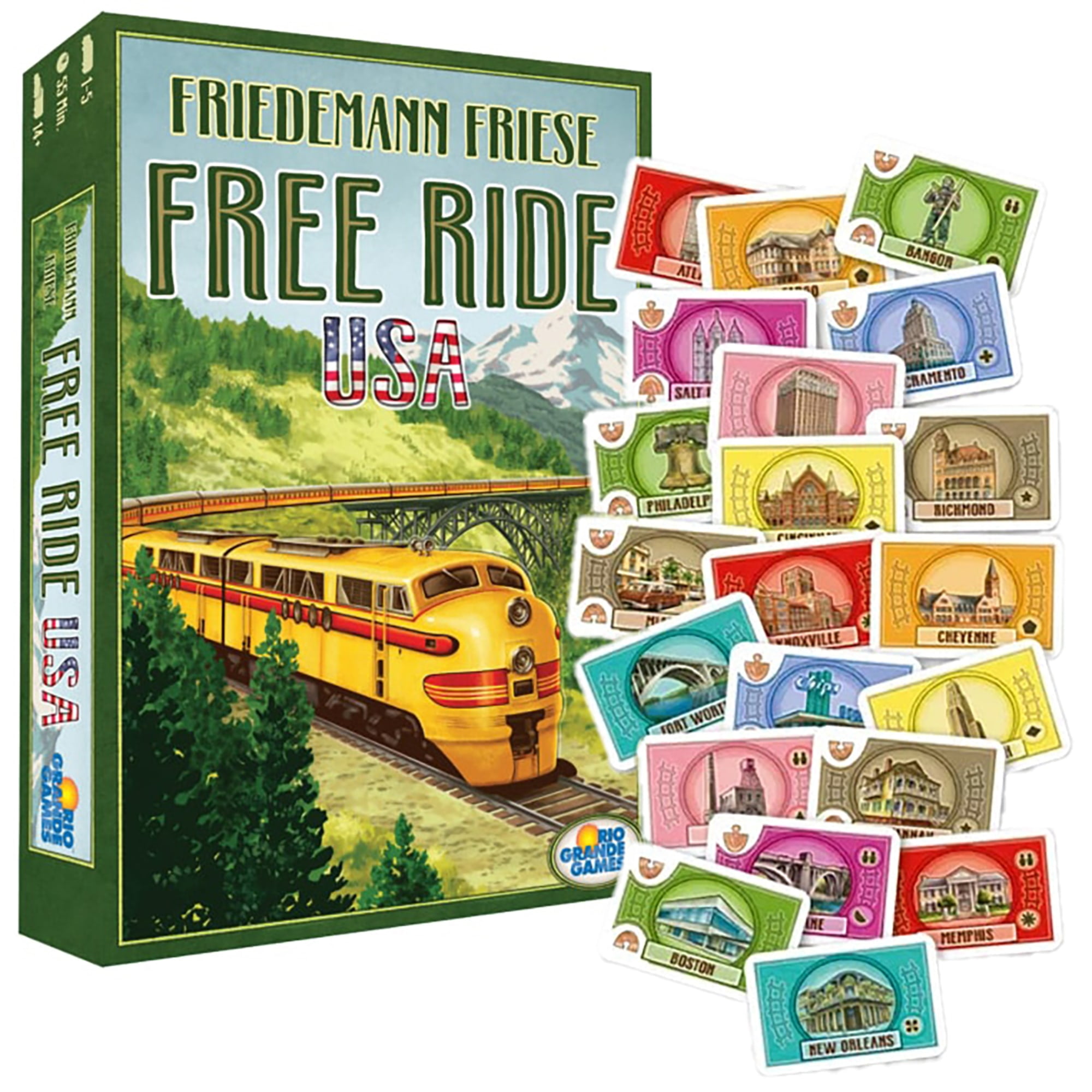 Rio Grande Games: Free Ride USA - Railroad Development Strategy Board Game, 1950s America Themed Train Game, Connect Cities, Ages 14+, 1-5 Players