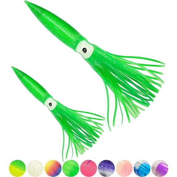 BLUEWING 10pcs Trolling Squid Skirts Fishing Saltwater with Float Inside Squid Lures Fishing Saltwater Octopus Skirt for Tuna, Mahi, Marlin, Big Game Fish Green 6in