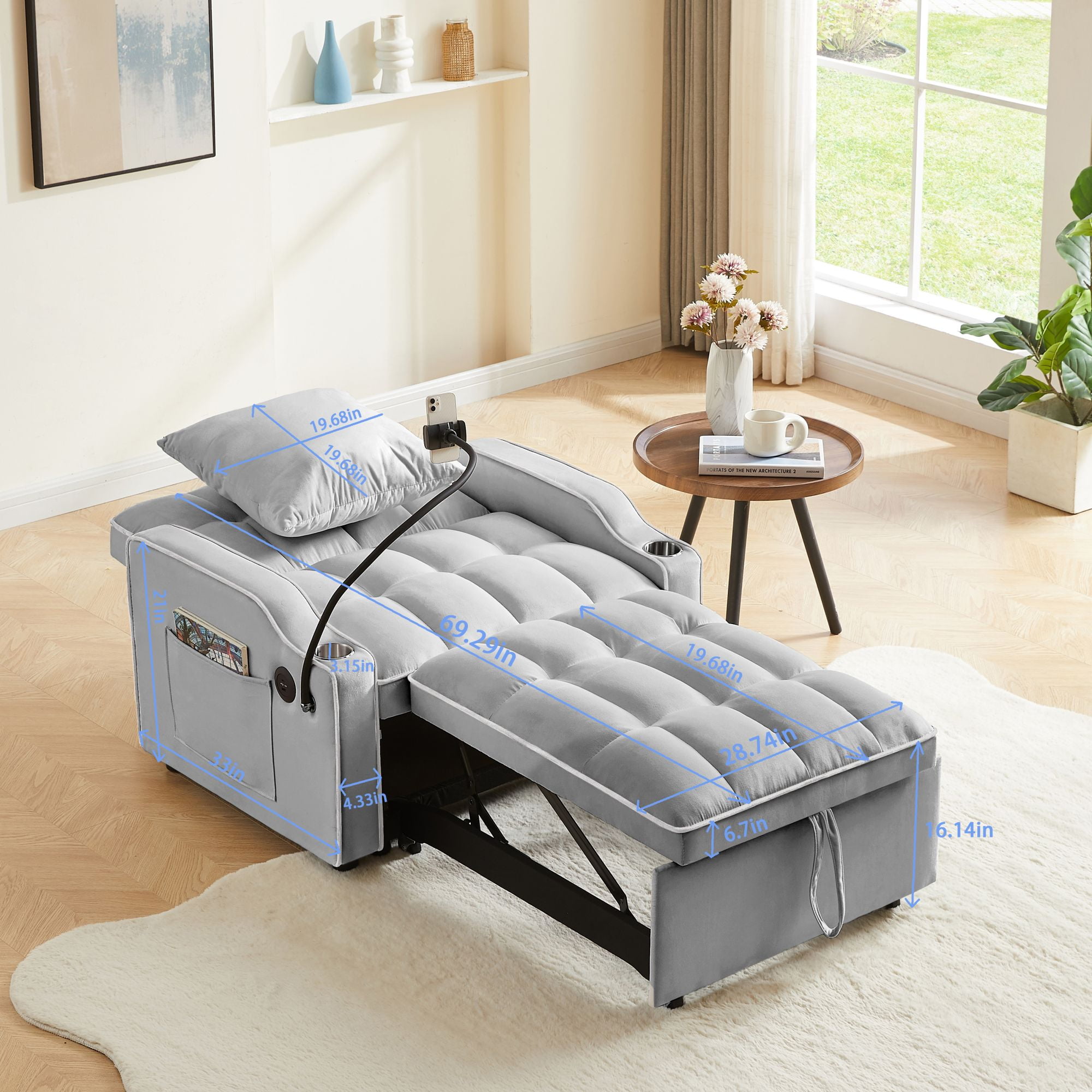Aukfa Sleeper Chair Bed, Convertible Pull Out Sofa Bed with USB Port, Cup Holders and Swivel Phone Holder, Gray