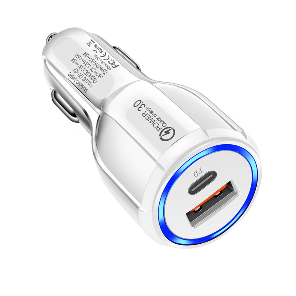 QC3.0 PD TypeC 15W+USB Port Car Charger Auto Fast Charging Adapter (White) Walmart Canada