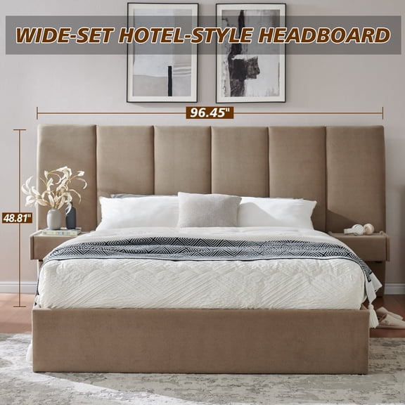 Queen Size Upholstered Platform Bed Frame with Lift up Storage, Velvet Headboard & Built-in Nightstands, No Box Spring Needed, Brown