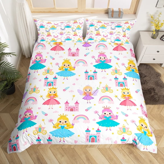 Manfei Princess Fairy Tale Duvet Cover Twin,Cute Cartoon Girls Bedding Sets Twin Size,Colorful Kawaii Rainbow Bed Set For Kids,Luxury Bedroom Decor Reversible(No Comforter),2 Pieces