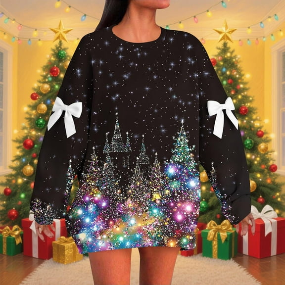 Sriper Womens Christmas Sequin Sweatshirt Oversized Glitter Christmas Tree Print Bow Pullover Tops Long Sleeve Crewneck Baggy Shirt Fall Winter Clothes Gifts Fit Party
