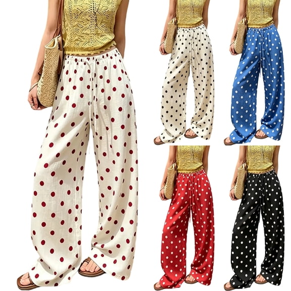 Evdexr Polka Dot Pants for Women Drawstring Wide Leg Pant 2026 Summer Lightweight Lounge Pant Palazzo Flowy Loose Fit Casual Trousers with Pocket 2XL