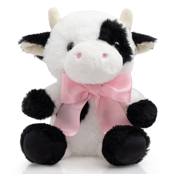 WENMOTDY 10 Inch Cow Stuffed Animal Cute Baby Cow Plush with Big Bow Tie Soft Toy Gift for Kids