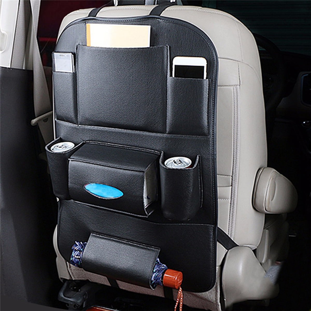 Car Backseat Organizer Pu Leather Multi Pockets Back Seat Protector With Tissue Box Cell Phone