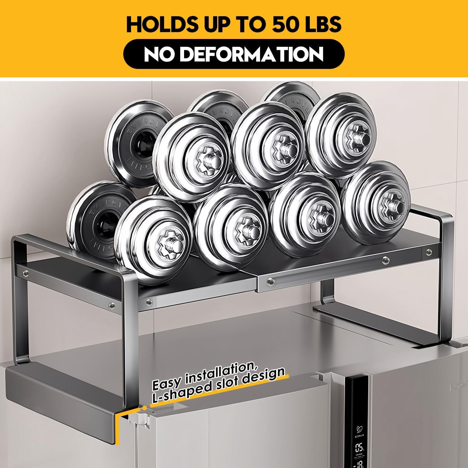 Adjustable Refrigerator Storage Rack - Expandable Metal Shelf Organizer for Kitchen, Laundry Room, Dorm - L-Shaped Design, Heavy Duty Space Saver