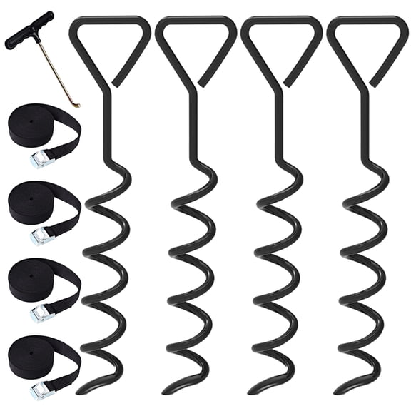 Eurmax USA Trampoline Corkscrew Shape Steel Stakes Anchor Kit with T Hook for Trampolines -Set of 4 Bonus 4 Strong Belt